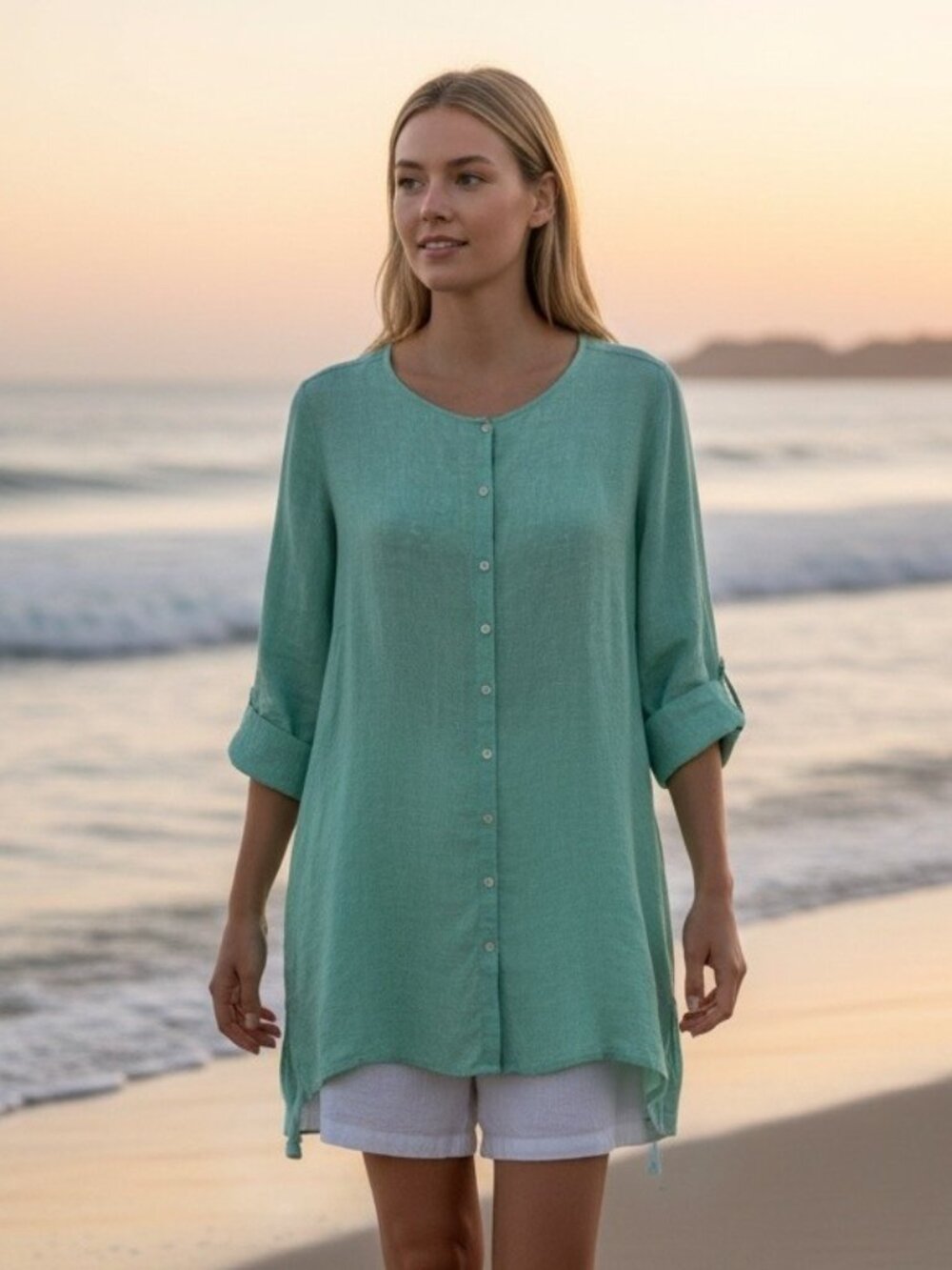 Tahari 100% Linen Button-Front Tunic Top Seafoam Mint Coastal Resort sz 1X